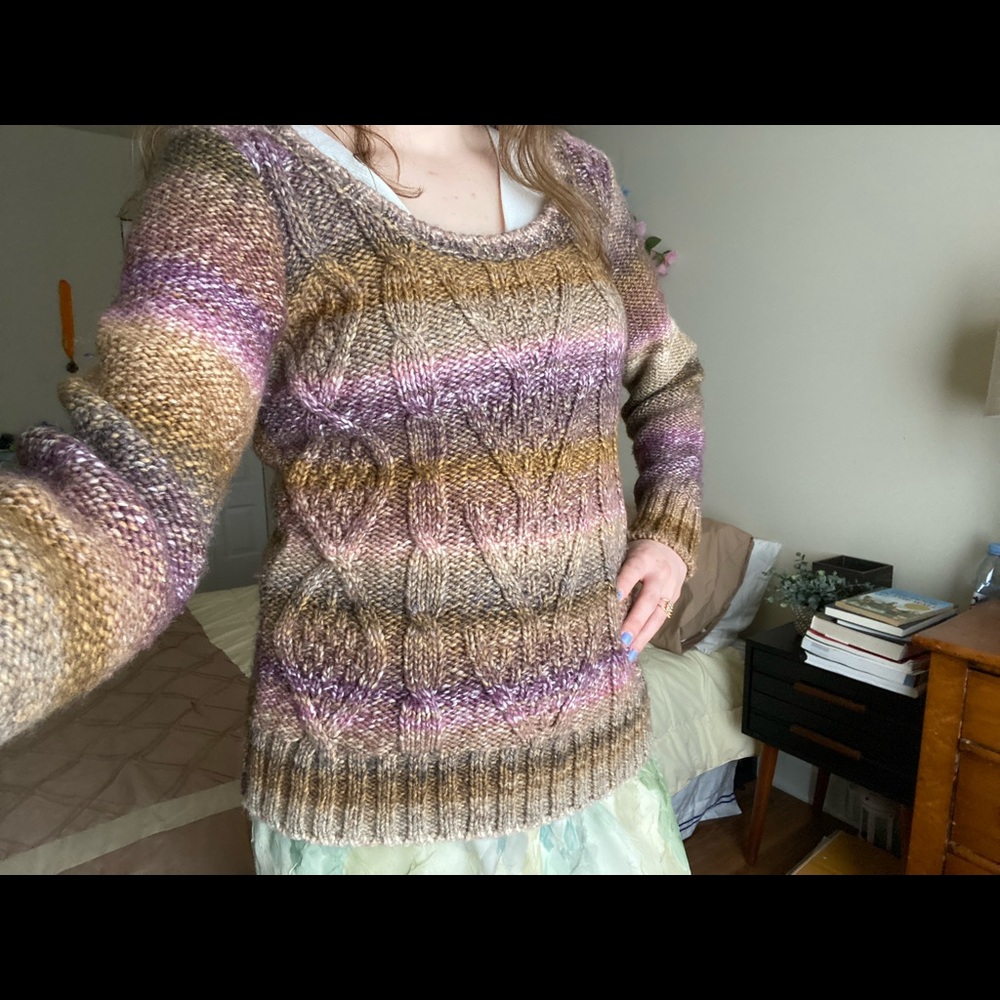Pink, Beige, and Brown Knit Long-Sleeve Round-Neck Italian-Made Sweater